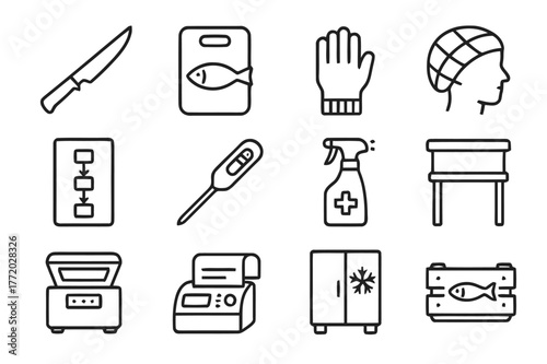 Seafood Processing Icons. Seafood Processing and Handling. Line icon set of Seafood Processing and Handling: fillet knife, cutting board, protective gloves,