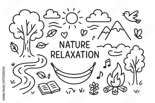 Nature Relaxation Doodle. Nature relaxation. Hand-drawn doodle illustration nature relaxation tree, river, mountain, hammock, sun, clouds, leaves, bird,