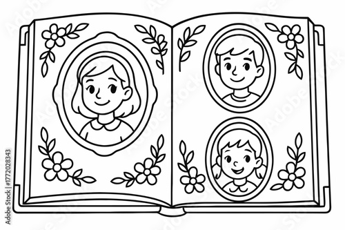 Coloring Book Memories. Vintage family photo album children?s coloring book illustration, outlined drawing, an open album with framed oval portraits and flower
