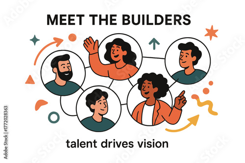Dynamic Team Portraits. Pitch Deck ? Team Introduction. Portrait circles line up under a heading ?Meet the Builders?; connecting lines form a collaborative