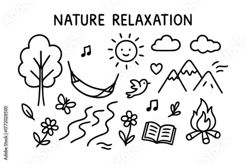 Nature Relaxation Doodles. Nature relaxation. Hand-drawn doodle illustration nature relaxation tree, river, mountain, hammock, sun, clouds, leaves, bird,