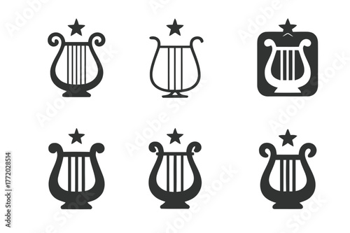 Lyra Constellation Logos. Lyra constellation. Set Logo of Lyra constellation: lyre harp with star. harmonious logo variations of the same emblematic concept,
