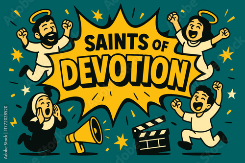 Saints Devotion Banner. Saints of Devotion banner, flat vector illustration, bold oversized text inside comic burst banner, cartoon characters jumping and