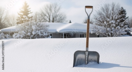 A snow shovel stands in deep fresh snow after a winter storm. Suburban home in the background on a sunny day. Snow removal chore concept