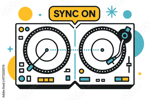 Sync On Turntables. DJ turntable ? Beat sync control. Two decks overlap in symmetry; rhythm dots align perfectly across them. Floating tag ?SYNC ON? hovers