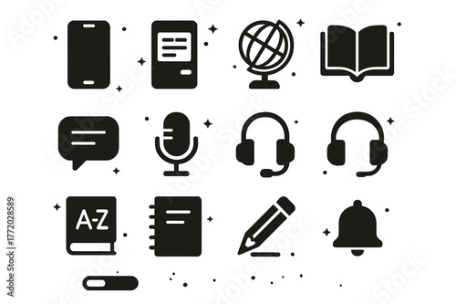 Learning Journey Icons. Learning Journey. Solid icons set of Learning Journey: smartphone, app interface, globe, book, chat bubble, microphone, headset,