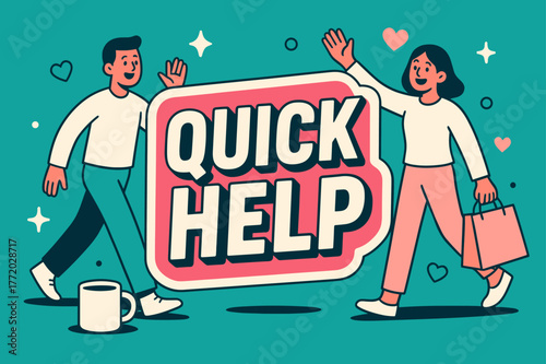 Quick Help Banner. Quick Help, Mary banner, flat vector illustration, bold oversized text inside sticker outline banner, cartoon characters walking and waving