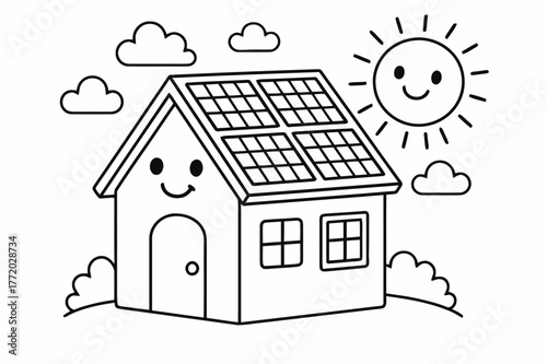 Cheerful Solar House. Solar panels on house roof children?s coloring book illustration, outlined drawing, a cheerful house with tilted panels on the roof under