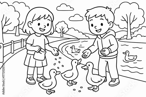 Riverside Fun Coloring. Embankment children?s coloring book illustration, outlined drawing, a peaceful riverside walkway with smiling kids feeding ducks near
