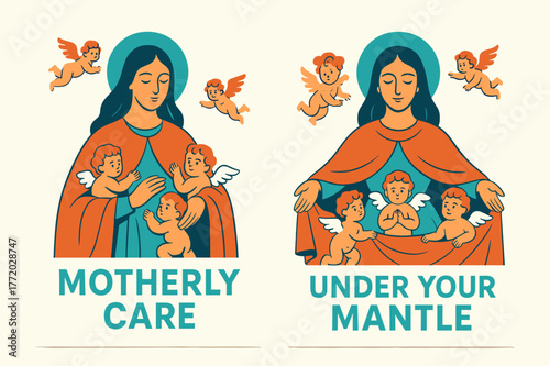 Motherly Care Banners. Mother of Angels. Two vertical A6 banners with safe margins, centered composition, no elements touching edges, modern, turquoise and