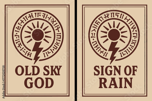 Ancient Weather Banners. Ancient Storm Sign. Two vertical A6 banners with safe margins, centered composition, no elements touching edges, retro, maroon and