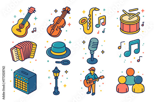 Urban Music Icons. Urban music act. Colorful isometric vector icons set of urban music act: guitar, violin, saxophone, drum, accordion, hat for tips,