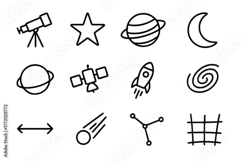Astronomical Icons Grid. Astronomical distance. Line icon set of space distance: telescope, star, planet, moon, orbit, satellite, rocket, galaxy swirl, light