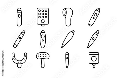 Home Dermatology Icons. Home dermatology devices. Line icon set of home dermatology devices: blue light acne pen, red light therapy panel, IPL hair removal