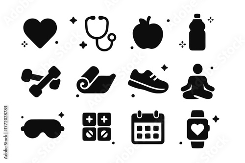 Health Icons Collection. Health and wellness. Solid icons set of Health and wellness: heart, stethoscope, apple, water bottle, dumbbell, yoga mat, running