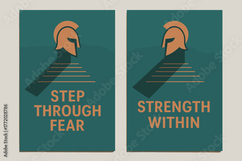Teal and Copper Helm Banners. Shadow March. Two vertical A6 banners with safe margins, centered composition, no elements touching edges, modern, teal and