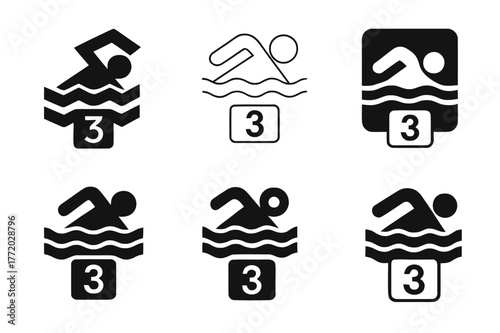Swim Tracker Logos. Swim tracking. Set Logo of Swim tracking: swimmer lane icon with lap counter. harmonious logo variations of the same emblematic concept,