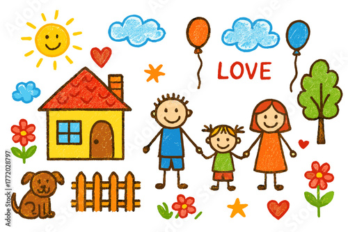 Happy Family Home. Happy home. Colorful Hand-drawn doodle Children illustration Happy home house, family, pets, flowers, hearts, sunshine, window, door, fence,