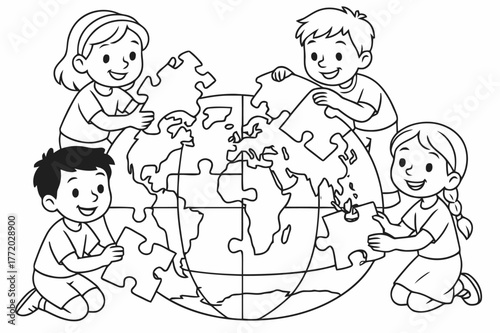World Map Puzzle. World map puzzle children?s coloring book illustration, outlined drawing, continents shaped as puzzle pieces being placed together by smiling