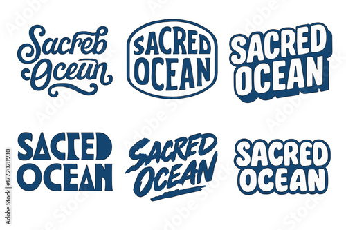 Sacred Ocean Lettering. Sacred Ocean. Set lettering. harmonious lettering variations of the same emblematic concept (Whimsical curly type with flourishes,