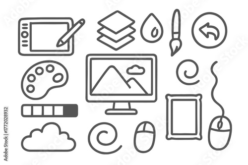 Digital Design Icons. Digital painting. Hand-drawn doodle illustration digital painting tablet, stylus, monitor, layers icon, color picker, brush icon, undo
