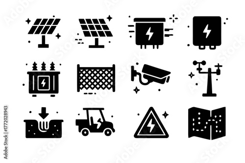 Solar Farm Icons. Utility-scale solar farm. Solid icons set of Utility-scale solar farm: single-axis tracker, fixed-tilt row, combiner box, string inverter,