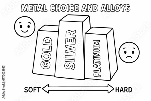 Children's Metal Coloring Page. Metal choice and alloys children?s coloring book illustration, outlined drawing, simple bars labeled gold, silver, and platinum