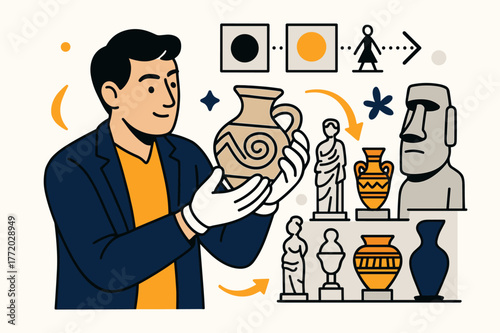 Art Collectors' Heritage. The role of art collectors in preserving cultural heritage. A collector carefully handling an ancient artifact, a museum filled with