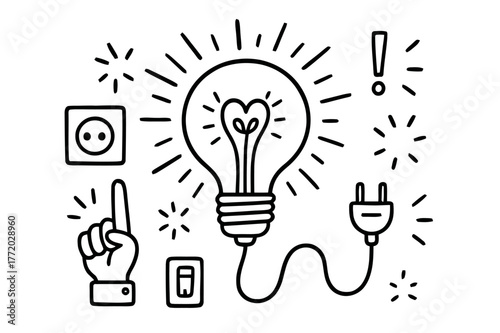 Doodle Light Bulb. Light bulb. Hand-drawn doodle illustration light bulb glowing bulb, filament, idea symbol, spark lines, plug, switch, socket, wire, hand