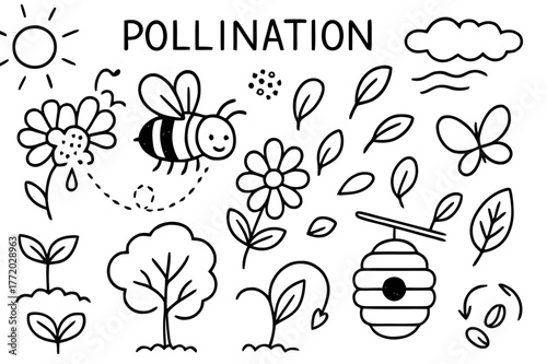 Pollination Doodle Icons. Pollination process. Hand-drawn doodle illustration bee, flower, pollen grain, petal, butterfly, leaf, hive, sun, cloud, drop, wind