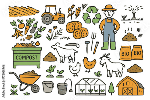 Sustainable Farm Practices. Composting farm waste. Hand-drawn doodle illustration compost bin (colored), farm field (colored), crop residues (colored), tractor