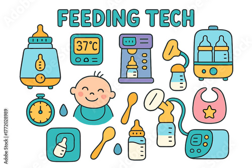 Feeding Tech Doodles. Feeding tech. Colorful Hand-drawn doodle Children illustration Feeding tech bottle warmer, milk temperature display, formula dispenser,