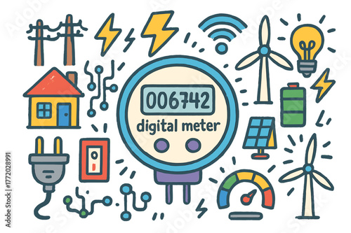 Energy Meter Doodles. digital meter. Colorful Hand-drawn doodle Children illustration digital meter smart meter, electricity meter, digital display, house,