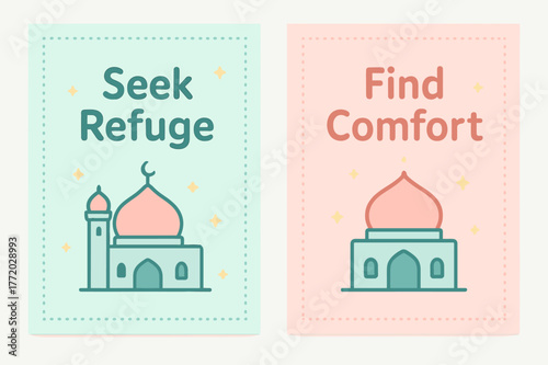 Seek Refuge, Find Comfort. Refuge in Him. Two vertical A6 banners with safe margins, centered composition, no elements touching edges, cartoon, pastel mint and