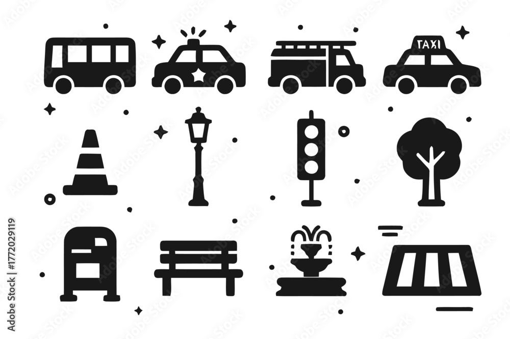 Fototapeta premium City Icons. City Elements. Solid icons set of City Elements: bus, police car, fire truck, taxi, construction cone, lamppost, stoplight, tree,
