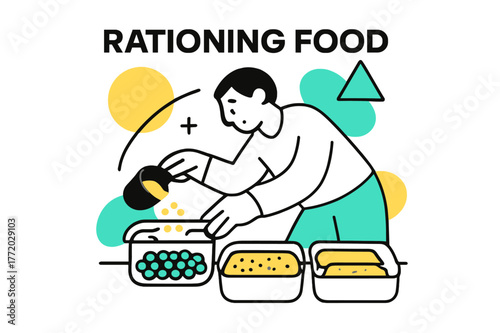 Organized Food Rationing. Rationing Food. Person filling containers with measured food portions with floating abstract geometric shapes, careful and organized
