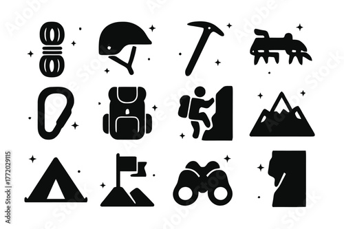 Climbing Gear Icons. Climbing Gear. Solid icons set of Climbing Gear: rope, helmet, ice axe, crampons, carabiner, backpack, climber, mountain, tent, flag,
