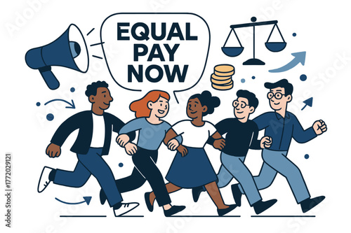 Equal Pay Advocacy Scene. Equal pay advocacy. A megaphone bursts ?EQUAL PAY NOW? as diverse colleagues link arms; coins and scales hover in balance. Hopeful
