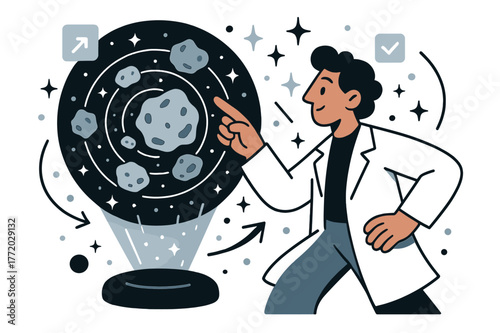 Asteroid Hologram Study. Asteroid belt studies. Researcher pointing at asteroid belt hologram with abstract floating orbit lines, stars, and asteroids; conveys