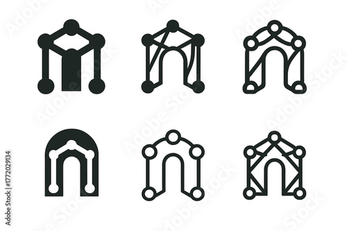 Logo Variations Grid. Professional networking. Set Logo of Professional networking: interlinked nodes forming doorway. harmonious logo variations of the same
