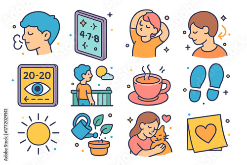 Mindful Gaming Icons. Mindful gaming breaks. Colorful isometric vector icons set of Mindful gaming breaks: deep breath icon, ?? breathing card, quick stretch
