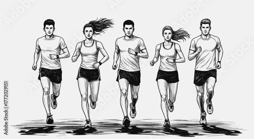 Design for fitness apps: Black and white vector sketch of five diverse runners training. EPS version.