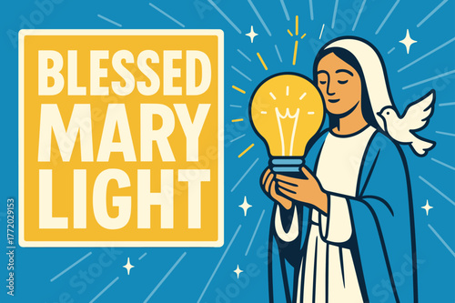 Radiant Banner Illumination. Blessed Mary Light banner, flat vector illustration, bold oversized text inside rectangular frame banner, cartoon characters