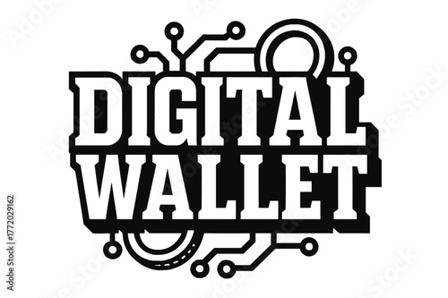 Geometric Wallet Design. . Digital Wallet ? Bold Block Lettering: thick geometric capitals with chunky serifs, heavy outer outline and deep flat drop shadow;