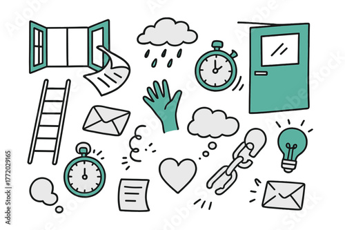 Missed Opportunity Doodle. // Missed opportunity. Hand-drawn doodle illustration missed opportunity [open window (accented), flying paper (accented), ladder,