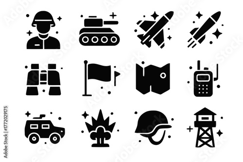 Frontline Forces Icons. Frontline Forces. Solid icons set of Frontline Forces: soldier, tank, jet, missile, binoculars, flag, map, radio, armored vehicle,
