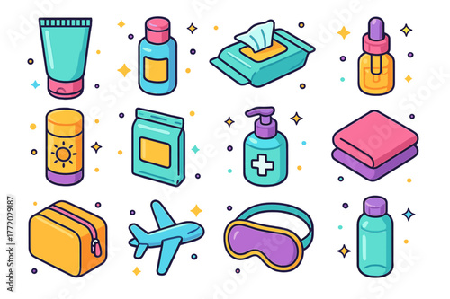 Travel Skincare Icons. Travel skincare hygiene. Colorful isometric vector icons set of Travel skincare hygiene: mini cleanser tube, travel-sized toner, facial