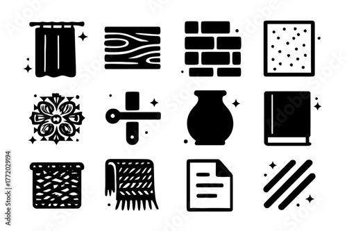 Window Texture Icons. Window Light and Textures. Solid icons set of Window Light and Textures: linen curtain, wood grain sill, brick wall, frosted glass, lace