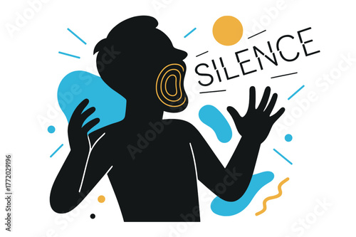 Silent Scream Art. Mute Scream. A silhouette with a wide, soundless mouth; concentric rings expand and then fold back in. The word ?silence? appears as thin,