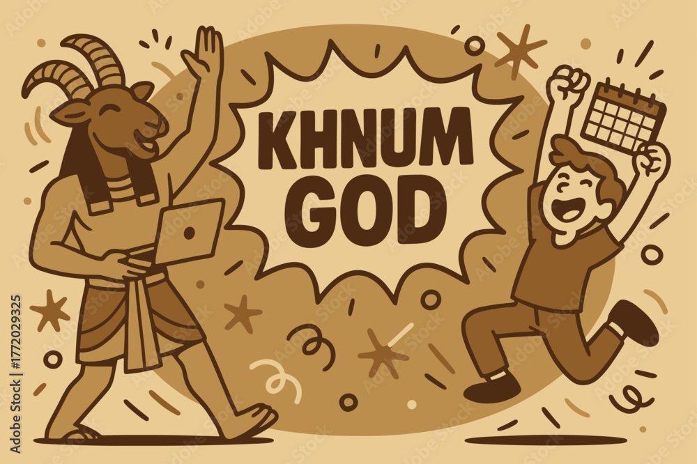 Fototapeta premium Khnum God Celebration. Khnum God banner, rounded blob vector illustration, bold text inside a splash explosion shape, cartoon characters jumping and shouting,